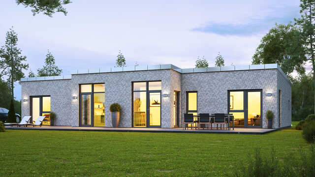 Enplanshus T-Hus i minimalistisk arkitektur med pulpettak och tegelfasad